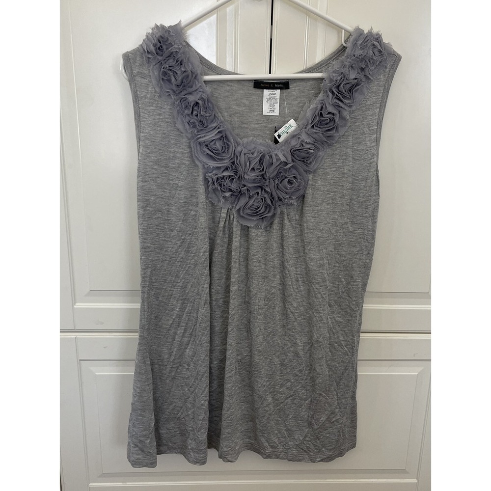 Jennie & Marlis Gray Rose Fringe Blouse Size Large